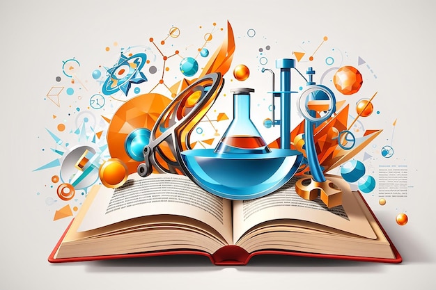 Photo illustration of open book with science elements on white background