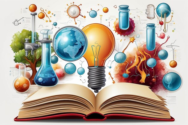 Photo illustration of open book with science elements on white background