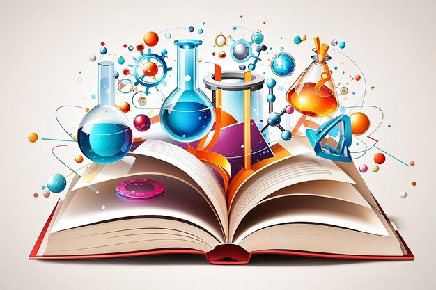 Photo illustration of open book with science elements on white background