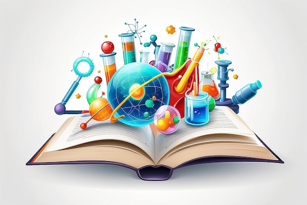 Photo illustration of open book with science elements on white background