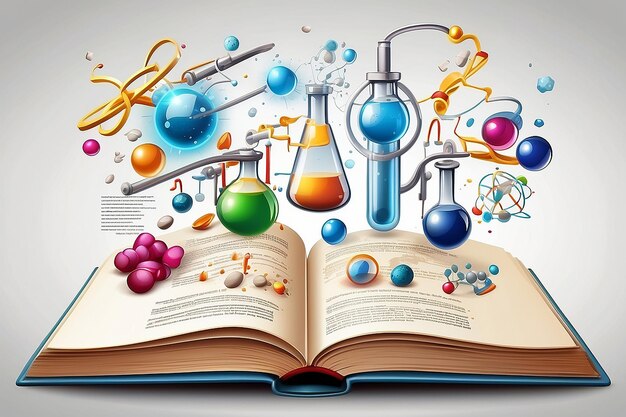 Photo illustration of open book with science elements on white background