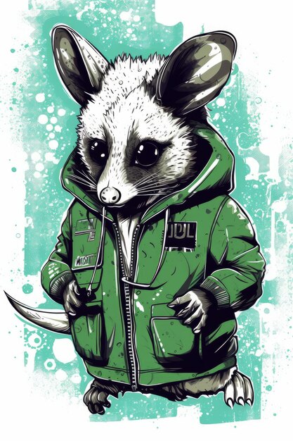 An illustration of an opossum with a green jacket and the words lul on it.