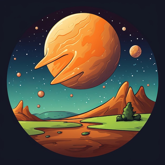 Foto un'illustrazione di un pianeta arancione con montagne e alberi
