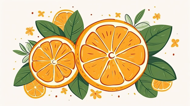 An illustration of oranges and flowers