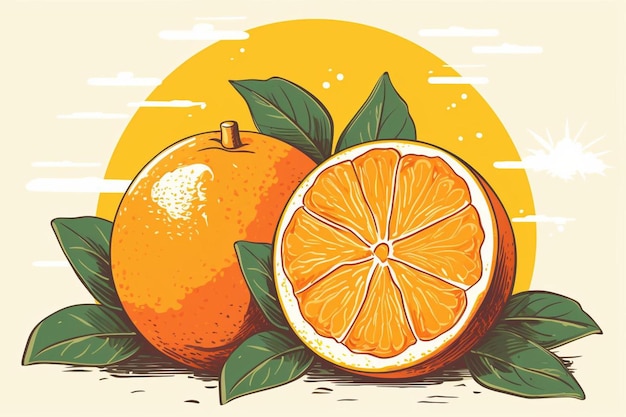 An illustration of oranges and a yellow sun