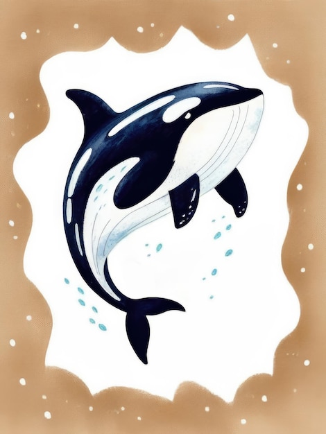 Photo illustration of an orca swimming in a stylized sea with splashes