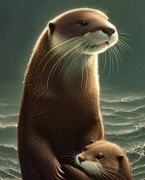 An illustration of a otter and her baby