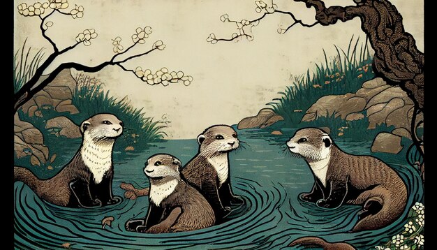 An illustration of otters in a river with a tree in the background.