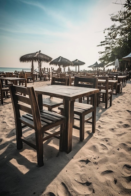 illustration outdoor restaurant on the beach with table and chairs ai generative