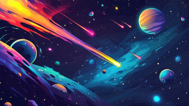 Illustration outer space colorful planets and speeding comets cartoon style background Generated AI