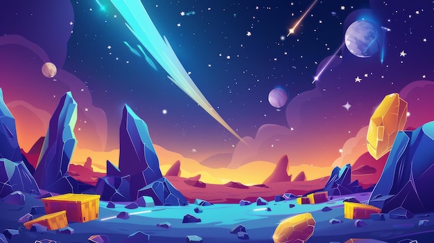 Illustration of outer space landscape illustration with neon yellow crates rocky stones stars glowing in the night sky and asteroids flying in the night sky Cosmic exploration with asteroids