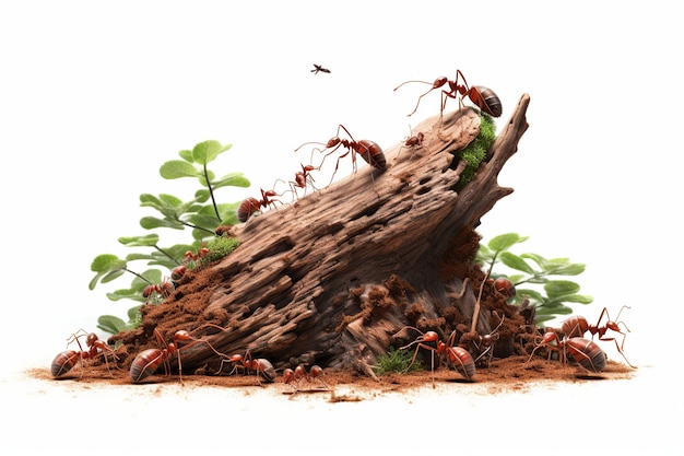 illustration of overexposed ant with ant colony on forest tree white background
