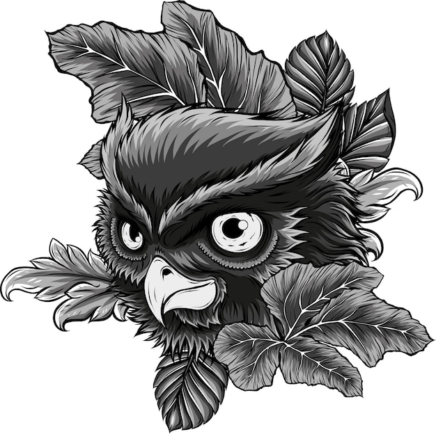 Photo illustration of owl head with leaves