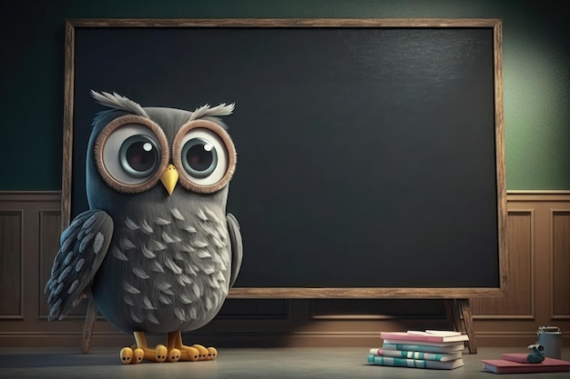 Illustration of an Owl stands on Blank Blackboard AI generation