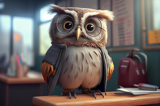 Illustration of owl teacher in classroom in knowledge day ai