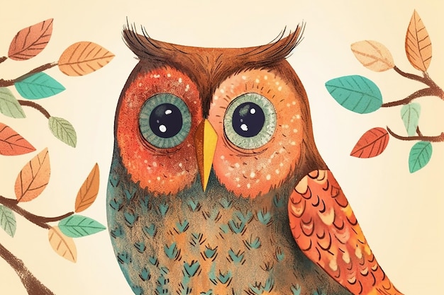 An illustration of an owl with colorful leaves on it