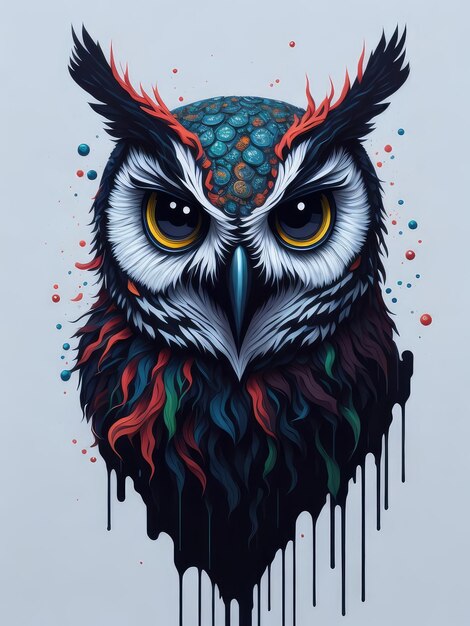 Illustration of an owl with striking yellow eyes in a painting created with Generative AI technology