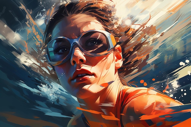 Illustration painted portrait of a female athlete swimmer wearing goggles in water