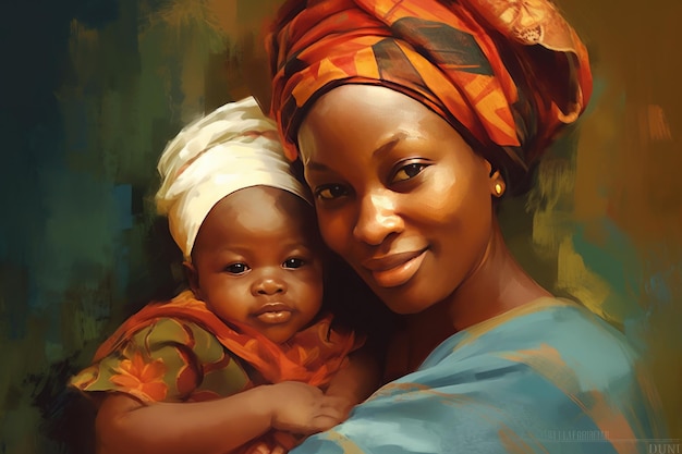アフリカの母親と赤ちゃんが楽しく楽観的な肖像画を描いた絵画風のイラスト 生成 AI