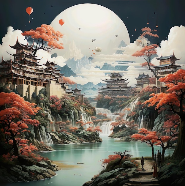 Illustration painting of aisan building house with river and moon on the background