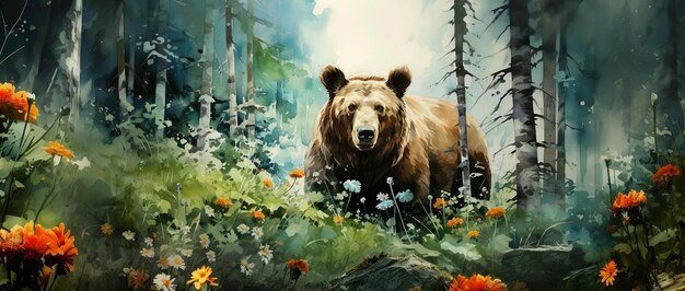 Illustration painting of bear in the Wood