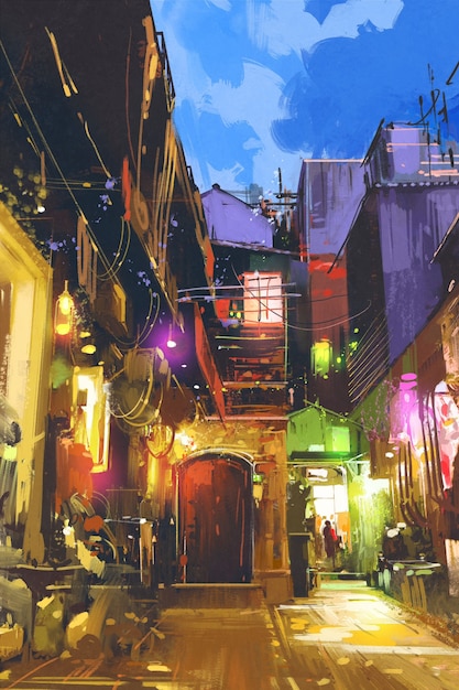illustration painting of beautiful village with colorful light