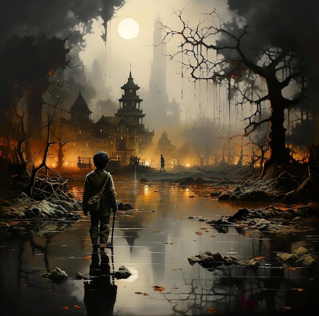 Illustration painting of boy to the village with reflection