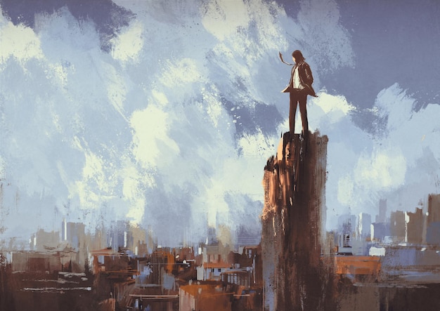 illustration painting of businessman stands on the peak looking at city