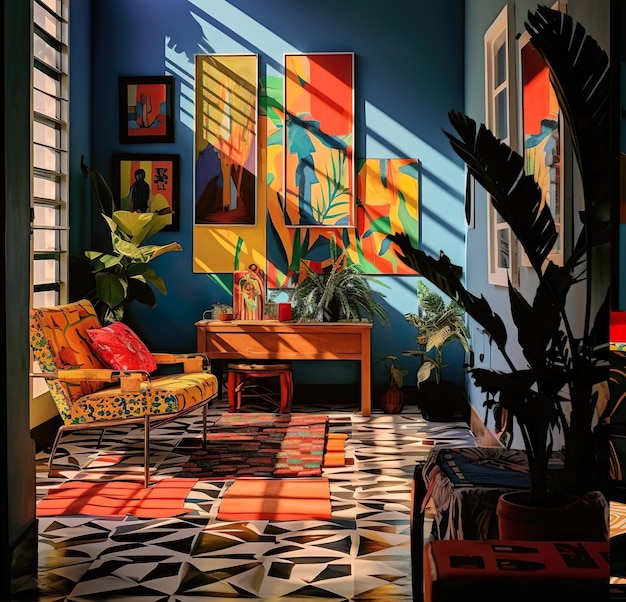 Illustration painting of Colorful living room with shining light