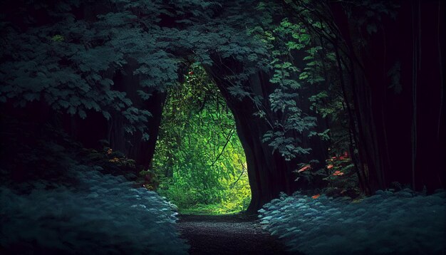 Illustration painting of A dark forest leading to a colorful and bright opening