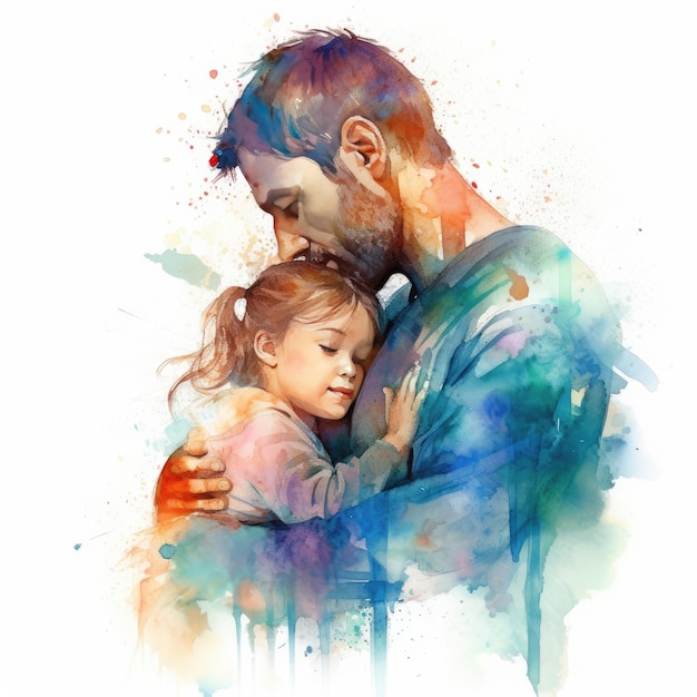 Illustration of a painting of a father and son using colorful watercolors with expressions