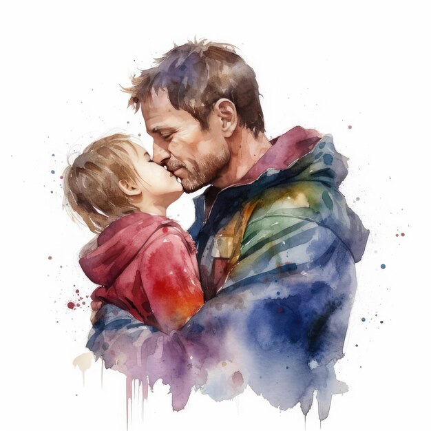 Illustration of a painting of a father and son using colorful watercolors with expressions