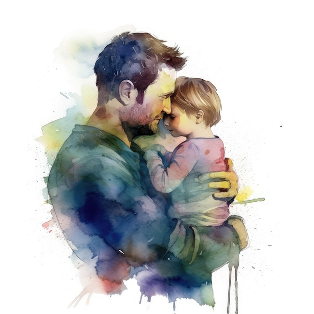 Illustration of a painting of a father and son using colorful watercolors with expressions