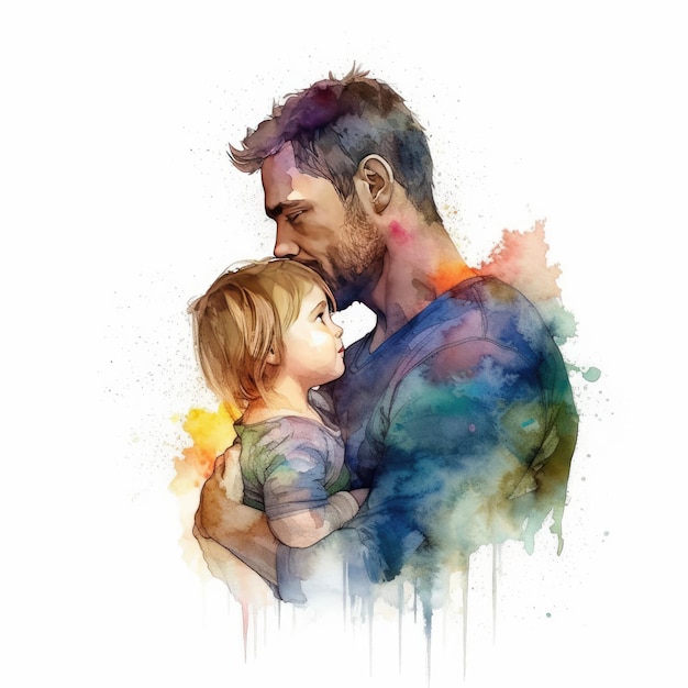 Illustration of a painting of a father and son using colorful watercolors with expressions