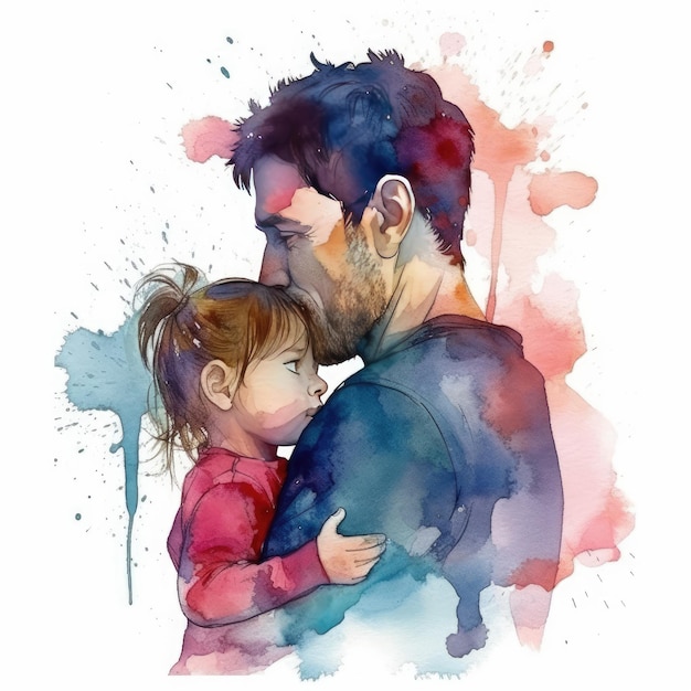 Illustration of a painting of a father and son using colorful watercolors with expressions