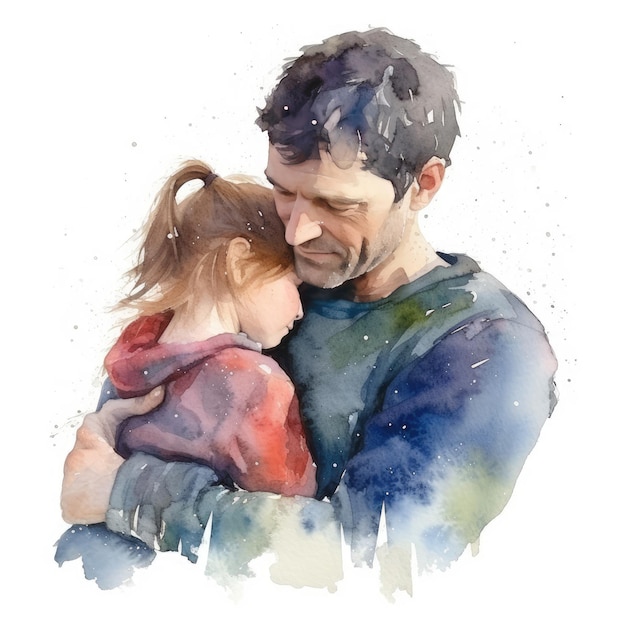 Illustration of a painting of a father and son using colorful watercolors with expressions