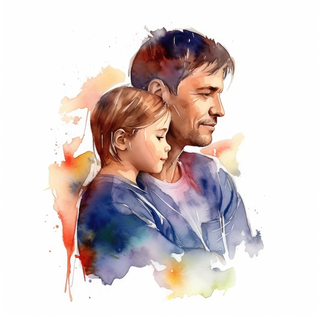 Illustration of a painting of a father and son using colorful watercolors with expressions