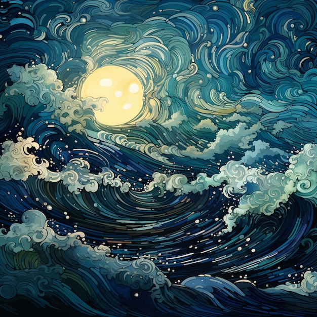 Foto illustrazione di un dipinto di una luna piena su un'onda generativa ai