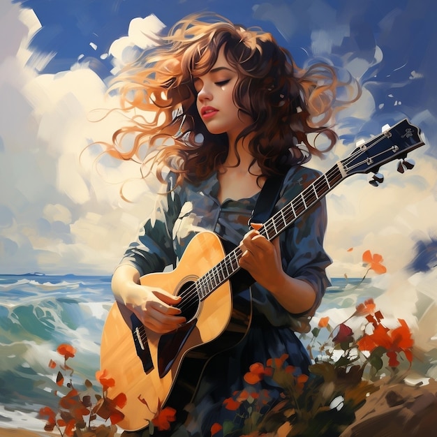 Illustration painting of a girl standing with guitar against the beach background