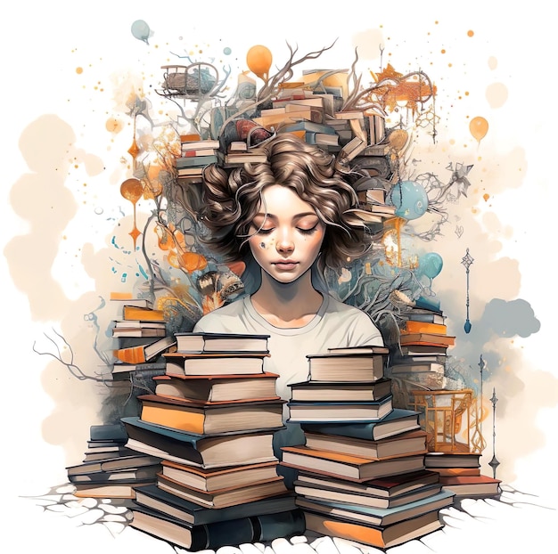 An illustration painting of girl with a pile of book in front of her