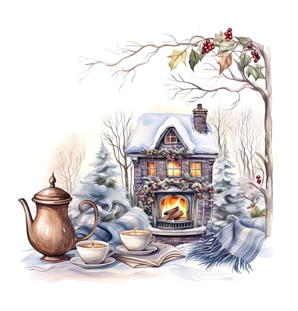 Illustration painting of house cover with snow with cup and pot