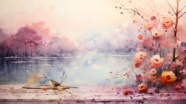 Illustration painting of lake view with pink color