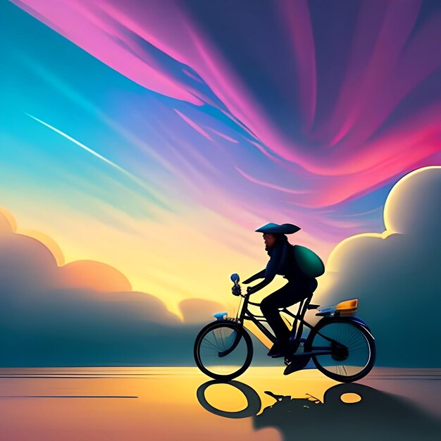 illustration painting of love riding on bicycle against night sky with colorful clouds digital art