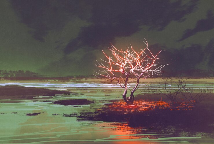 Photo illustration painting of night landscape with glowing tree