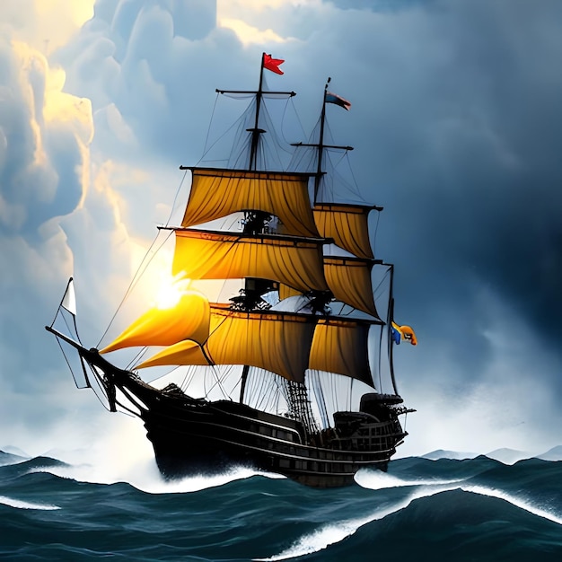 illustration painting Pirate ship navigating during a storm Thunder rain big waves on the ocean