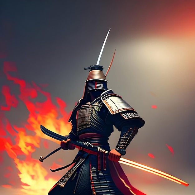 illustration painting A samurai with a katana stands ready to fight against a huge army 2D illustra