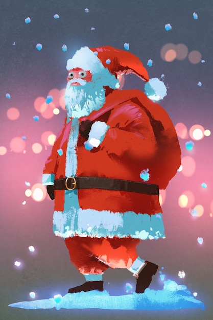 illustration painting of Santa Claus with a gifts bag,Christmas concept