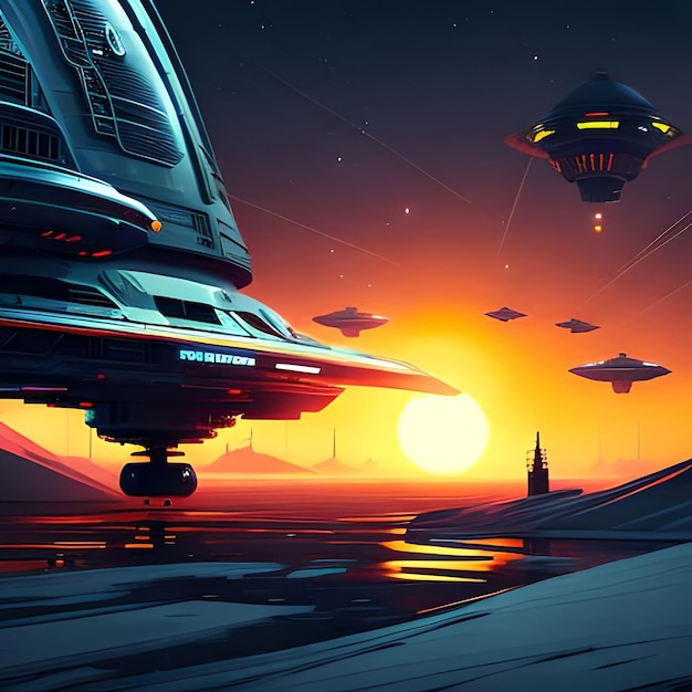 illustration painting of Scifi scene showing the spaceship abducting human at the night