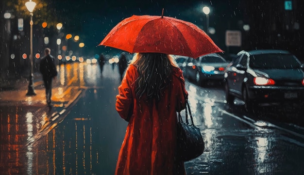 Иллюстрационная картина женщины в красной рубашке с красным зонтом, пересекающей улицу дождливой ночью Сгенерировать Ai