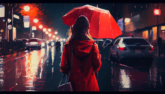 Illustration painting of woman red shirt with red umbrella crossing the streetrainy night